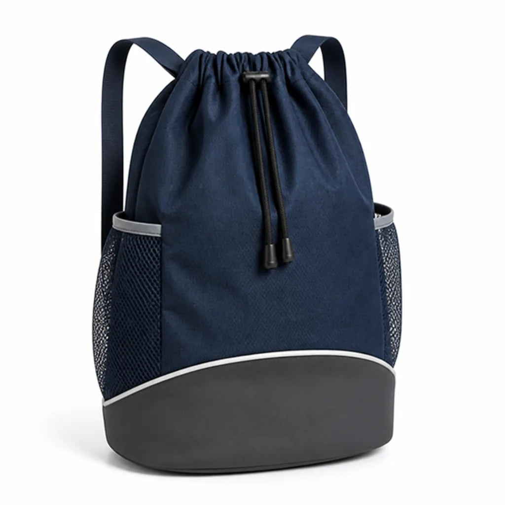 Versatile Drawstring Backpack with Reflective Accents and Mesh Pockets