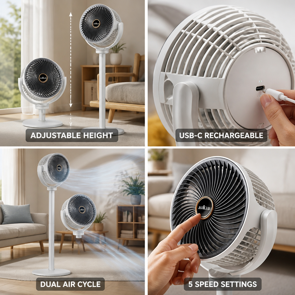 Versatile Height-Adjustable Floor Fan with USB-C Charging