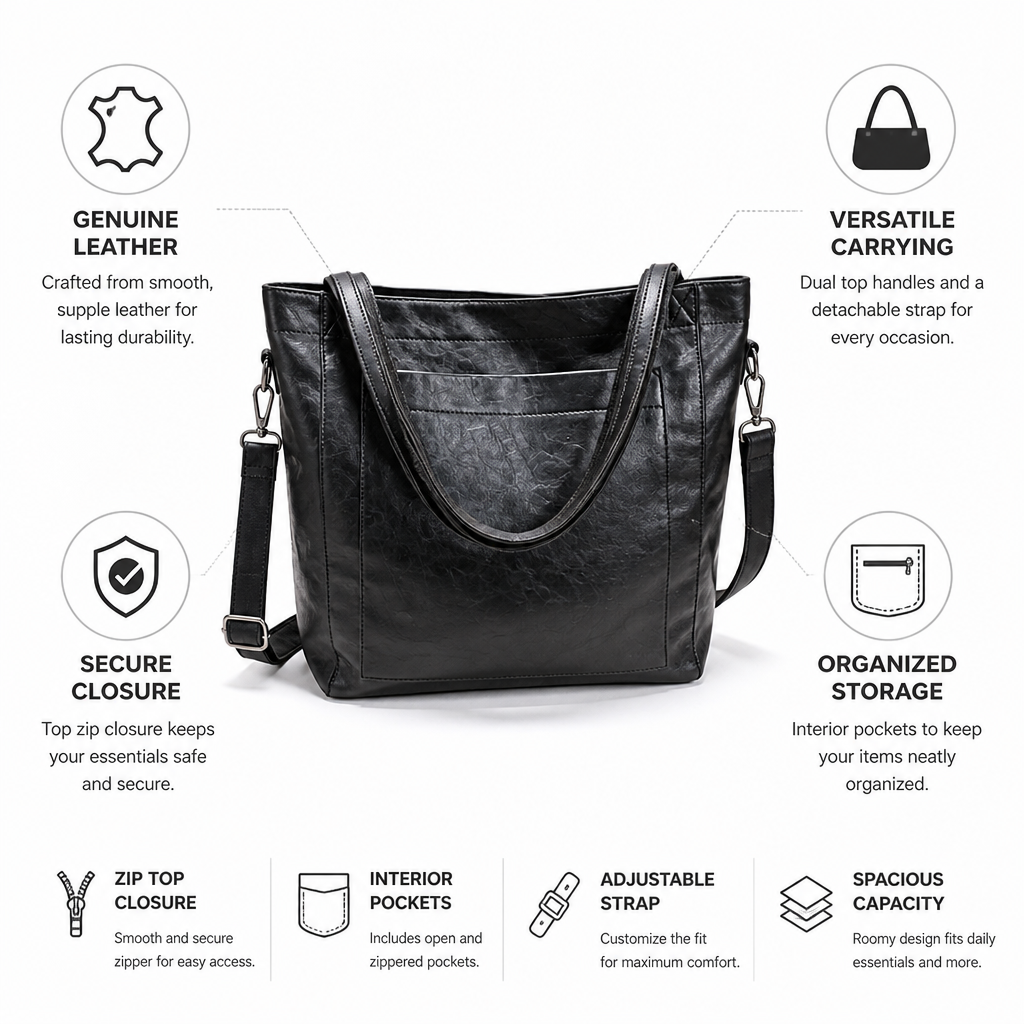 Elegant Structured Leather Tote with Detachable Strap