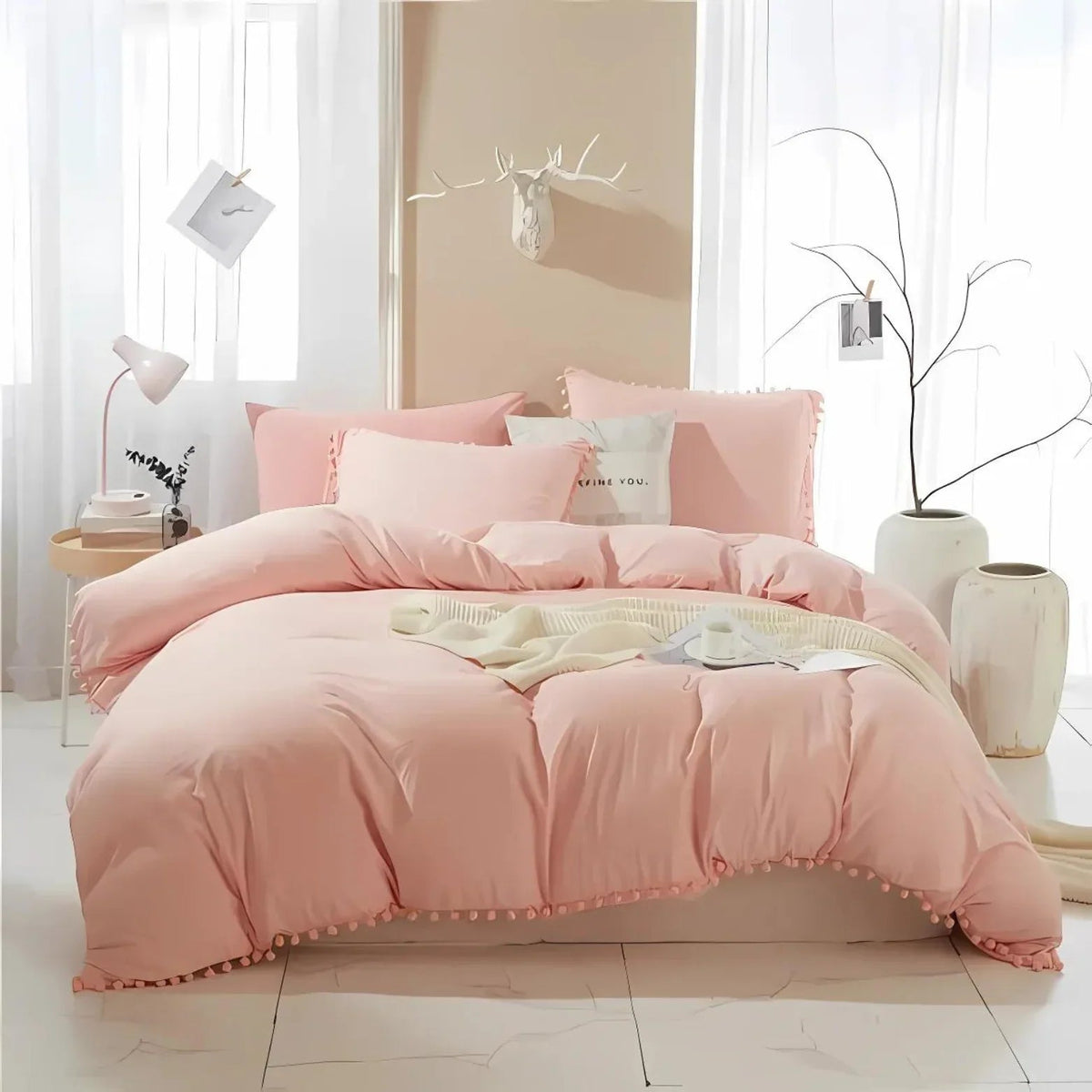 Whimsical Elegance Quilt Cover Set with Pompom Accents