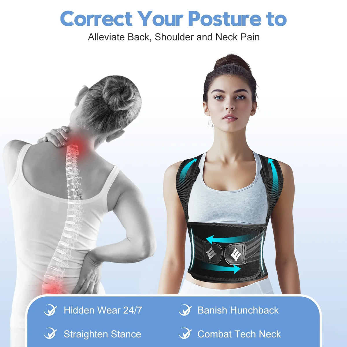 Adjustable Back Support Brace for Spine Alignment, Posture Correction & Pain Relief