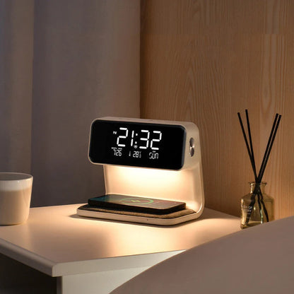 Bedside Lamp Dimmable LED Wireless Charger LCD Alarm Clock