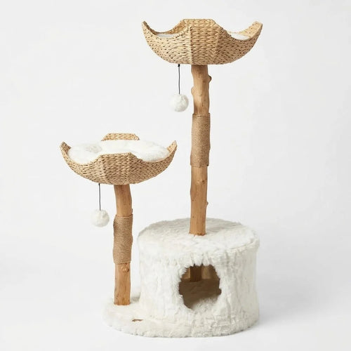 Cat Tree Natural Branch Posts Two Woven Basket Beds