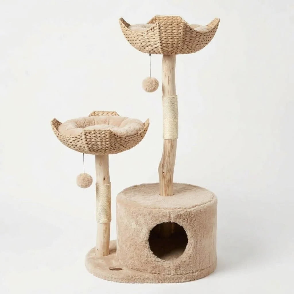 Cat Tree Natural Branch Posts Two Woven Basket Beds
