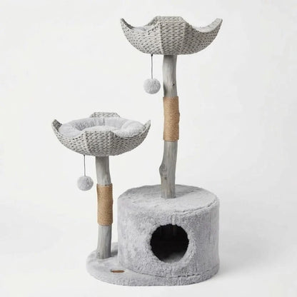 Cat Tree Natural Branch Posts Two Woven Basket Beds