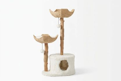 Cat Tree Natural Branch Posts Two Woven Basket Beds