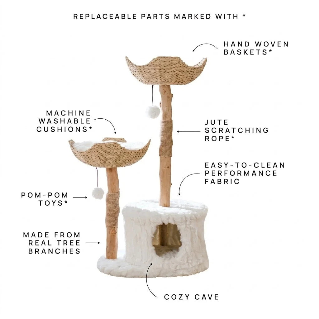 Cat Tree Natural Branch Posts Two Woven Basket Beds