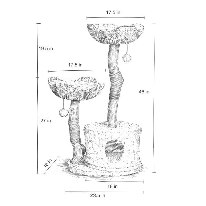 Cat Tree Natural Branch Posts Two Woven Basket Beds