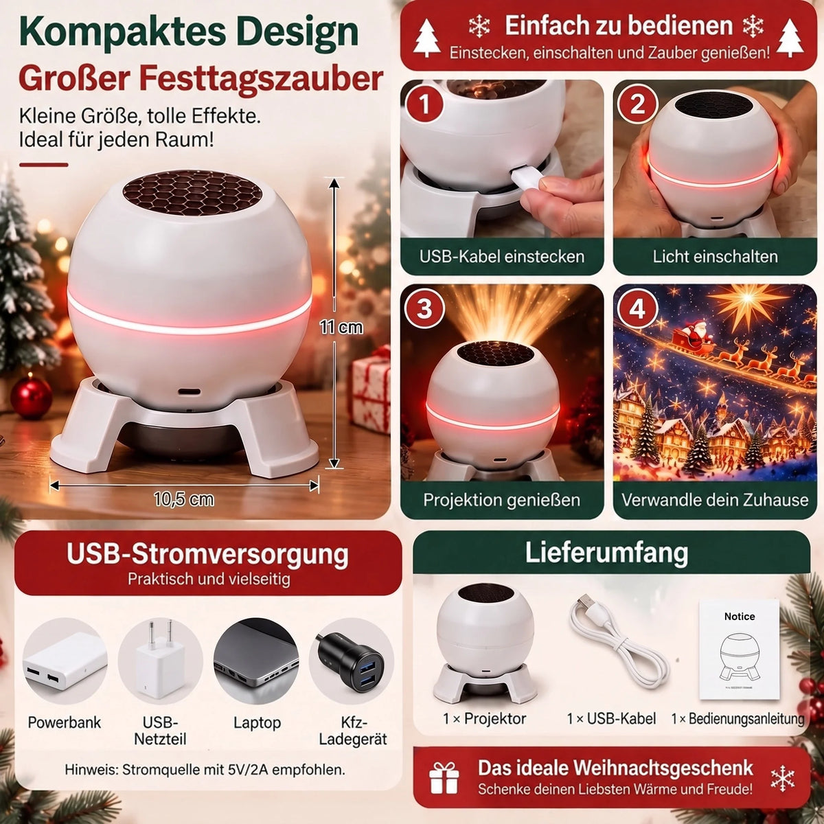 Christmas Projector Animated Patterns USB Powered Indoor Decor