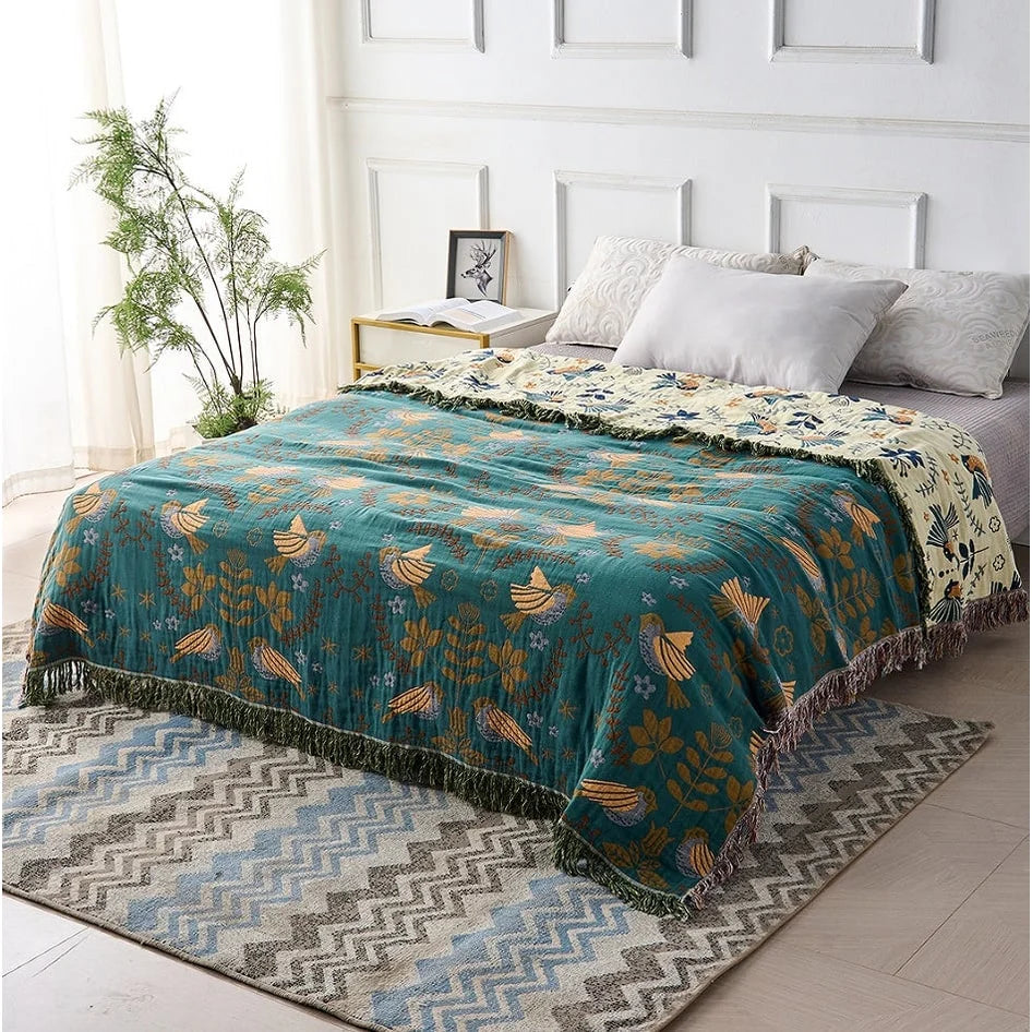 Cotton Blanket Reversible Bird & Floral Pattern