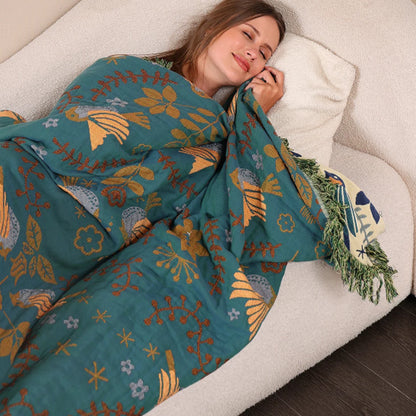 Cotton Blanket Reversible Bird & Floral Pattern