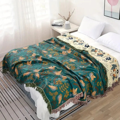 Cotton Blanket Reversible Bird & Floral Pattern