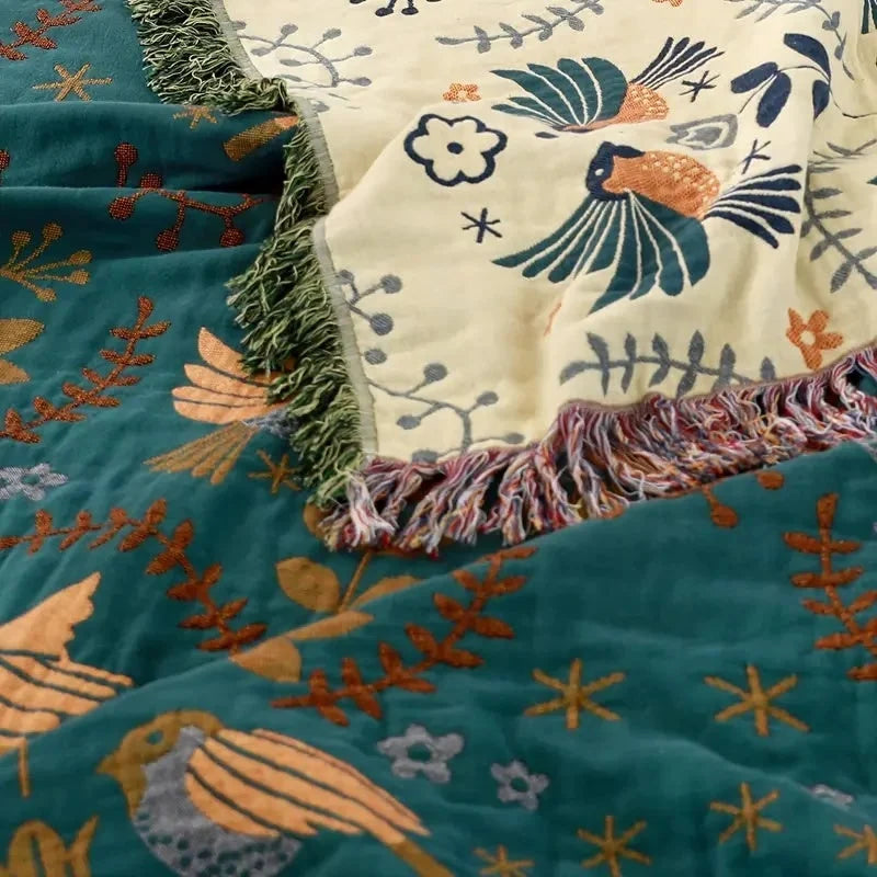 Cotton Blanket Reversible Bird & Floral Pattern