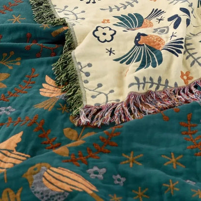 Cotton Blanket Reversible Bird & Floral Pattern