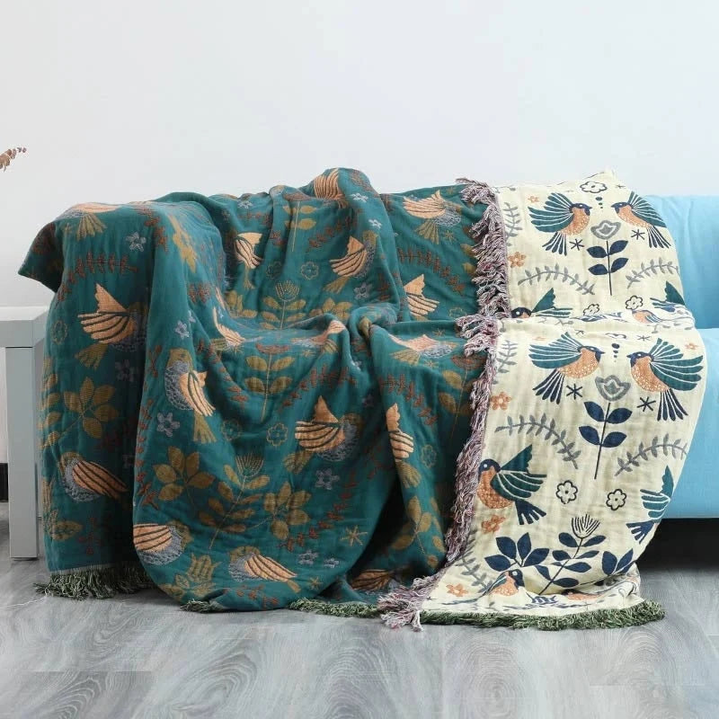 Cotton Blanket Reversible Bird & Floral Pattern