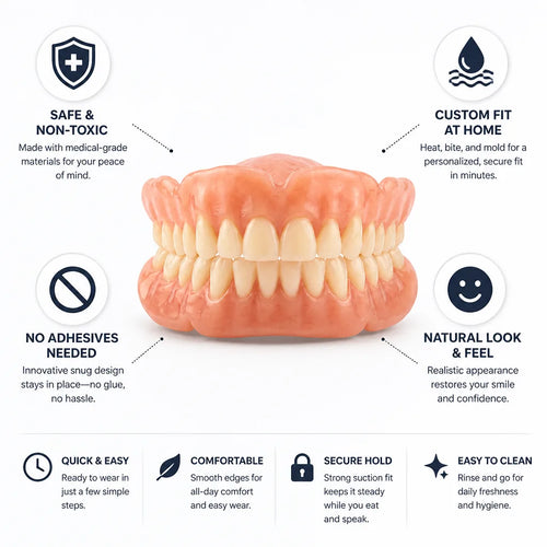 Denture Set Heat-Molded Custom Fit Adhesive-Free Suction Retention