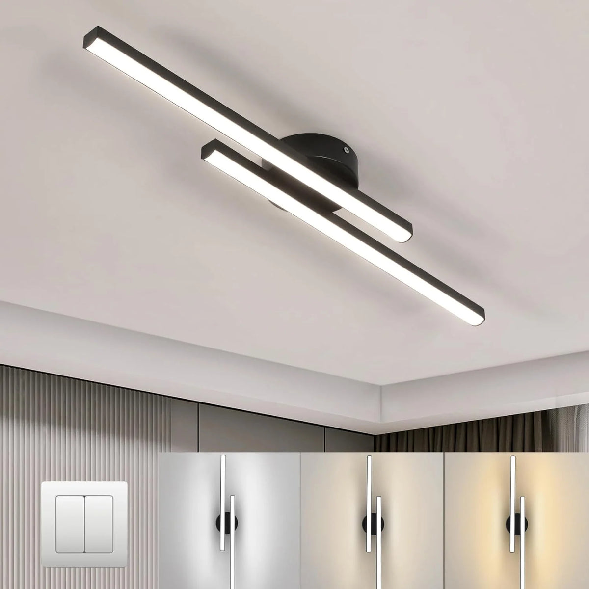 LED Ceiling Light Double Linear Semi-Flush Mount Selectable Light Settings
