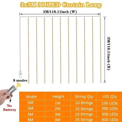 LED Curtain Lights 8 Modes USB-C Powered Remote Control