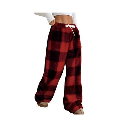 Lounge Pants Plaid Wide-Leg Soft Polyester