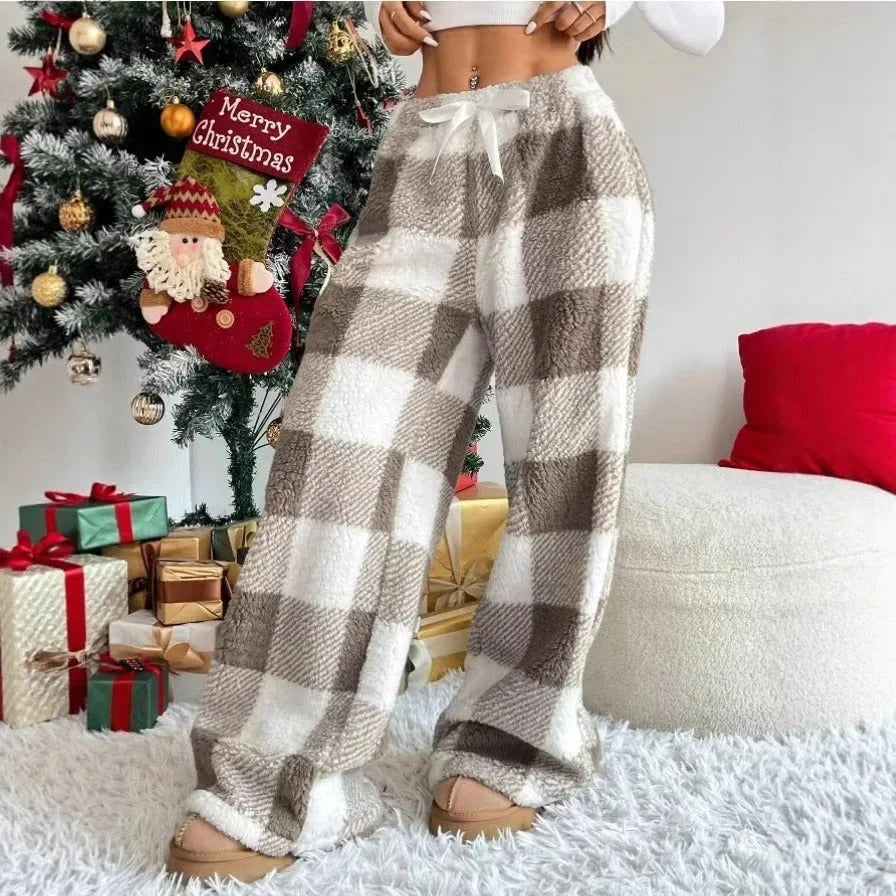 Lounge Pants Plaid Wide-Leg Soft Polyester