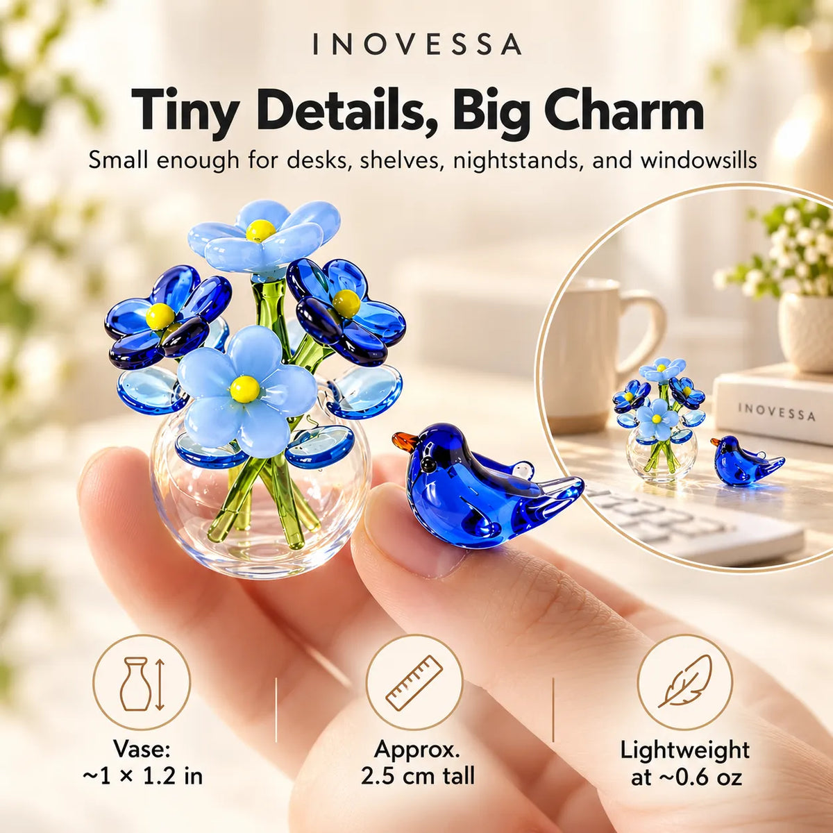 Miniature Glass Decor Set Handmade Vase & Bird