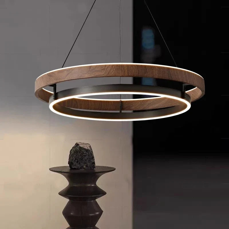 Pendant Light Round Wood-Look Dimmable With Remote Control