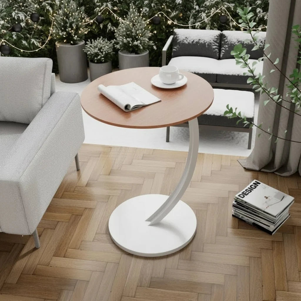 Round Side Table Wood Top Steel Frame Compact Design