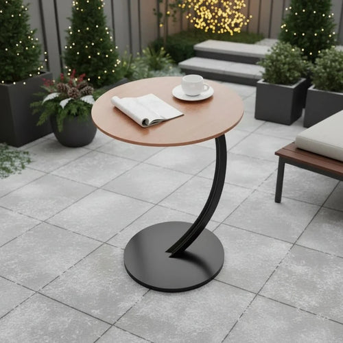 Side Table Round Wood And Steel Compact Design