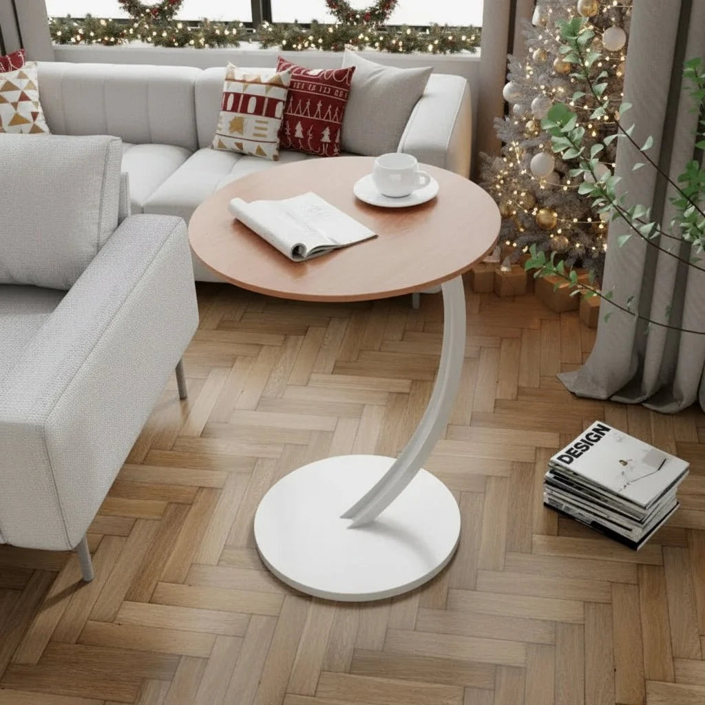 Side Table Round Wood And Steel Compact Design