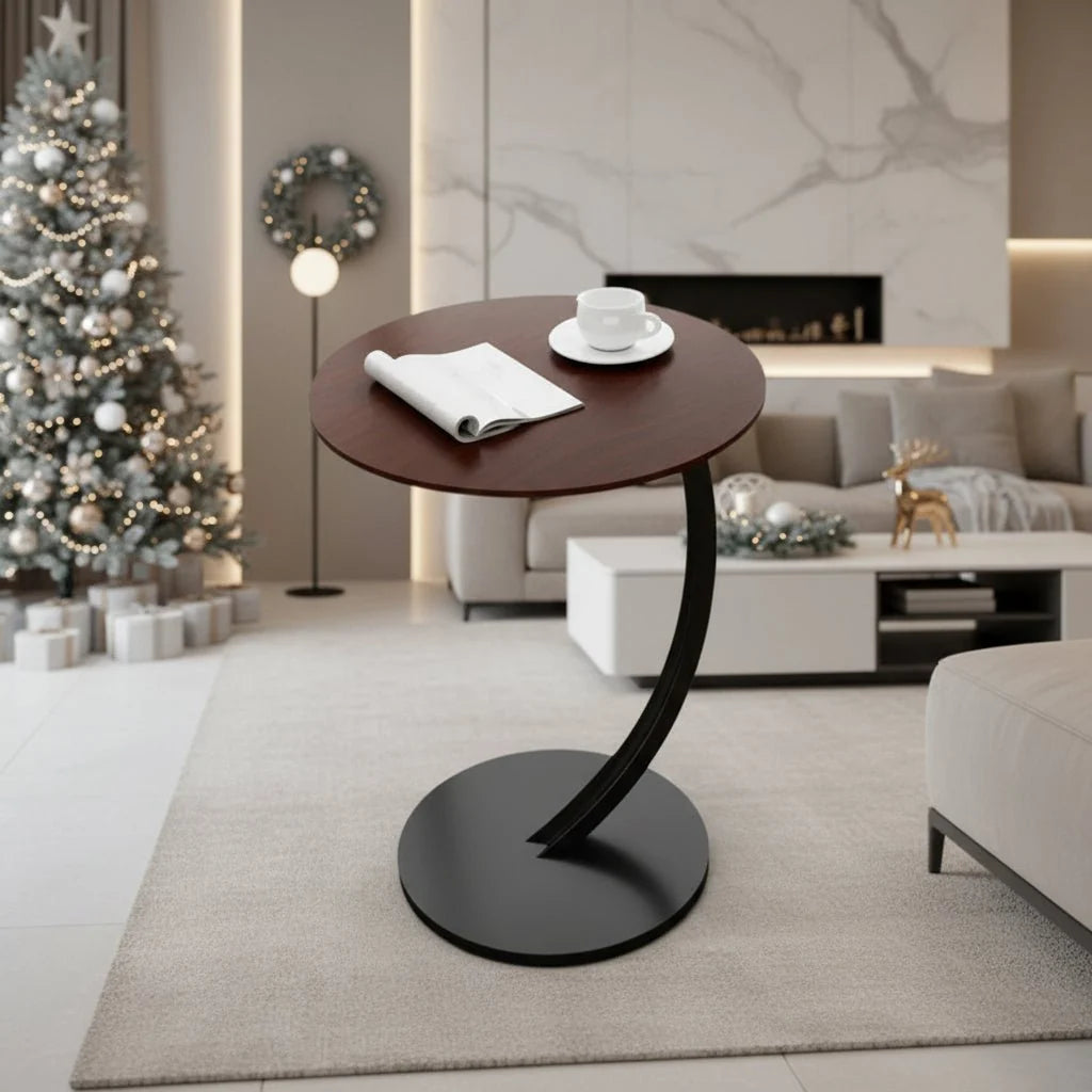 Side Table Round Wood And Steel Compact Design