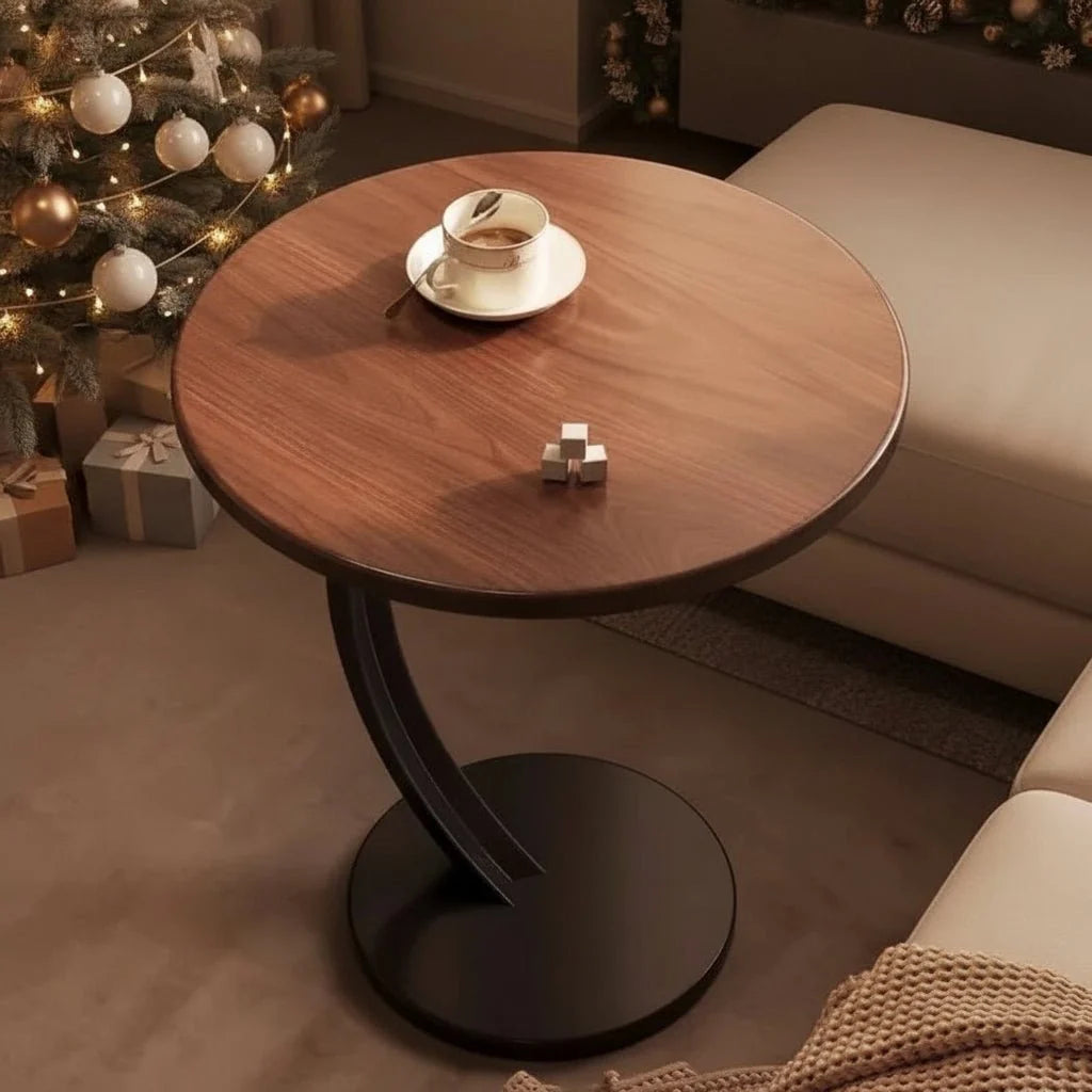 Side Table Round Wood And Steel Compact Design