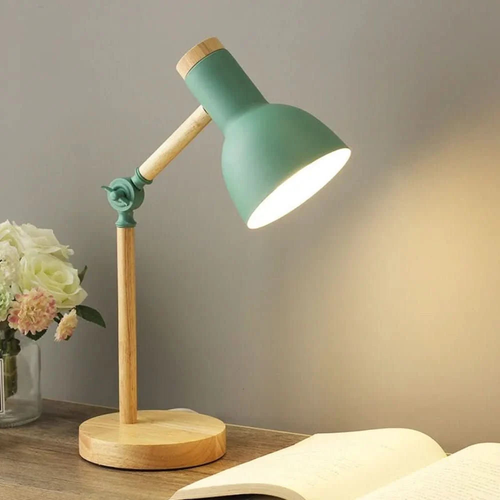 Table Lamp Adjustable Arm Wooden Base LED Bulb Included