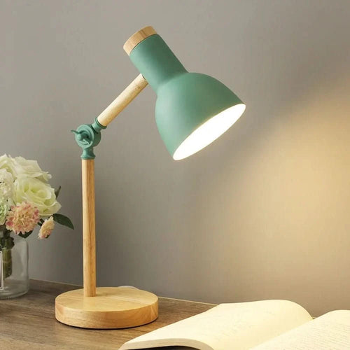 Table Lamp Adjustable Arm Wooden Base LED Bulb Included