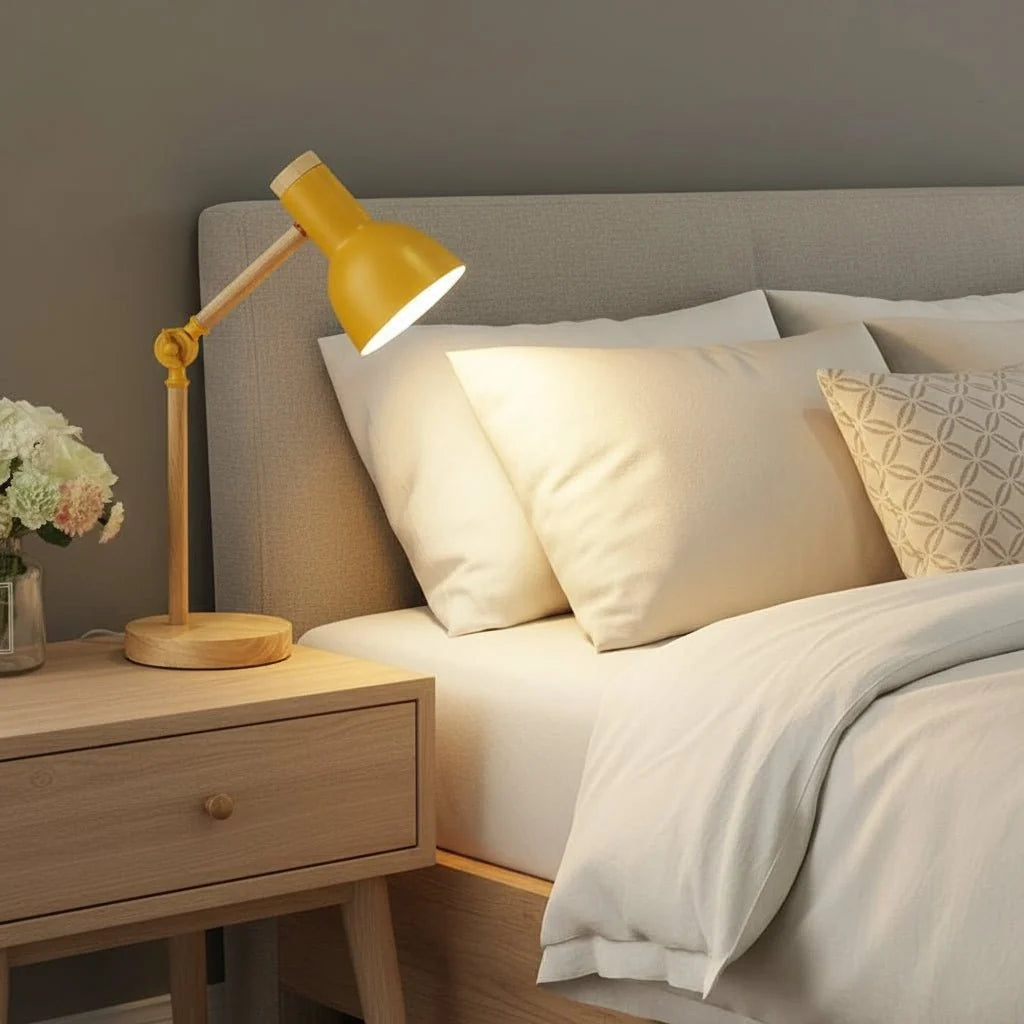 Table Lamp Adjustable Arm Wooden Base LED Bulb Included