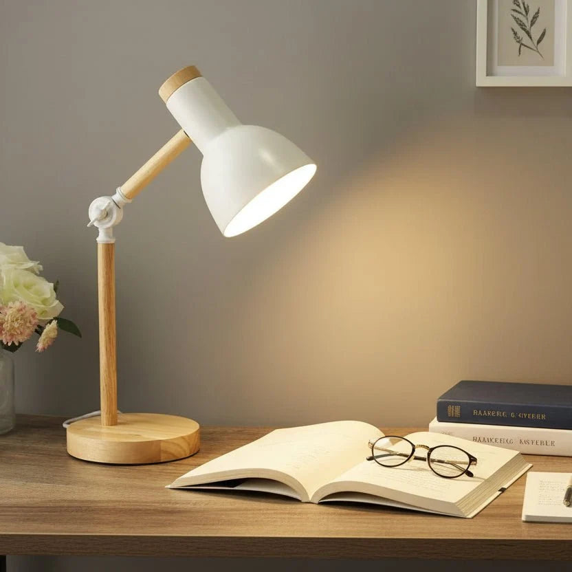 Table Lamp Adjustable Arm Wooden Base LED Bulb Included