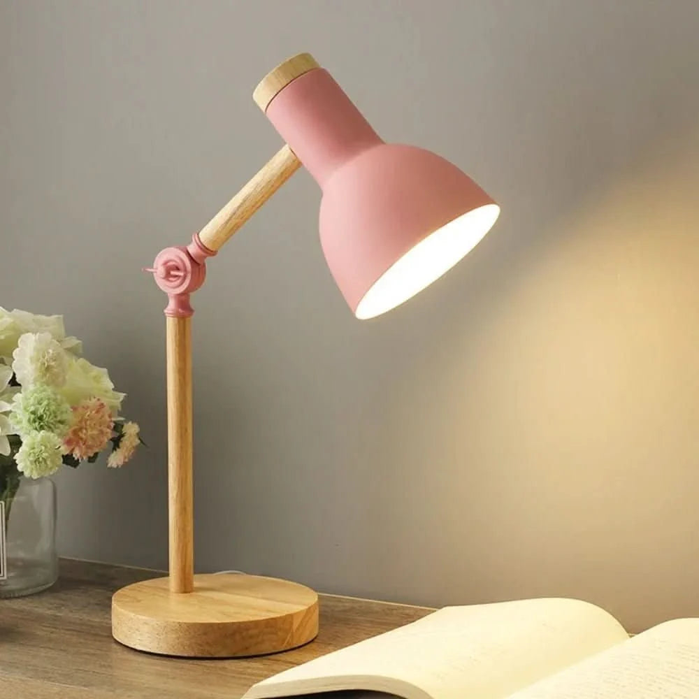 Table Lamp Adjustable Arm Wooden Base LED Bulb Included