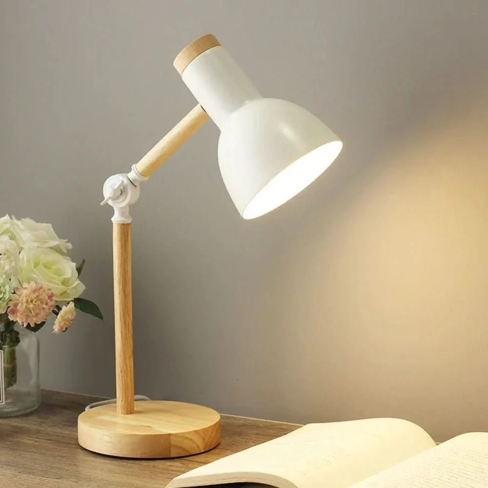 Table Lamp Adjustable Arm Wooden Base LED Bulb Included