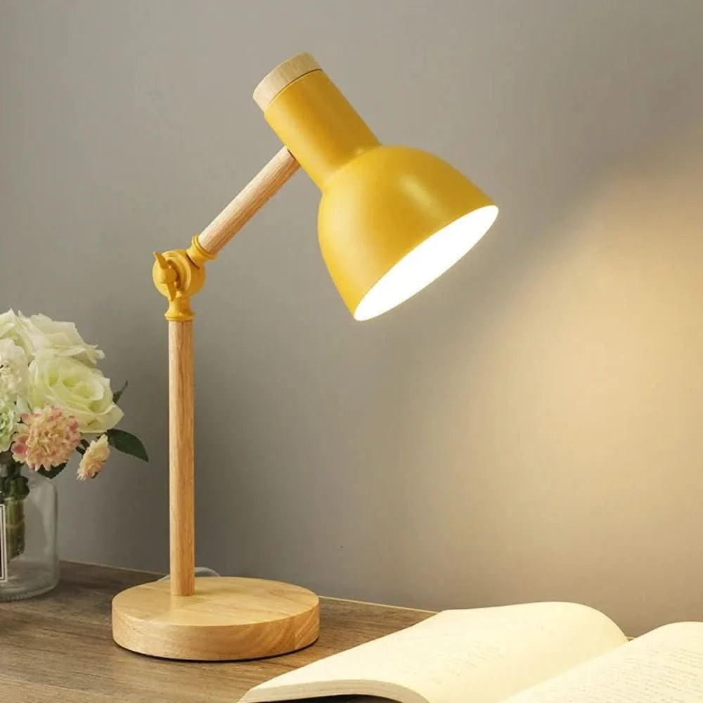 Table Lamp Adjustable Arm Wooden Base LED Bulb Included