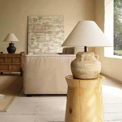 Table Lamp Rustic Pottery Base Cream Fabric Shade