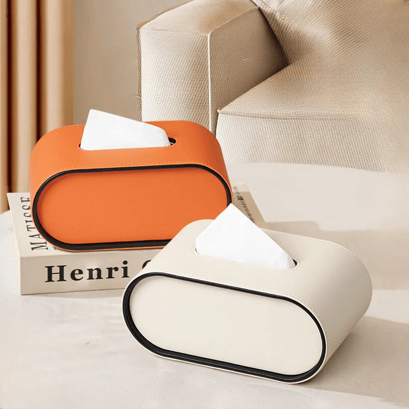 Tissue Box Cover Leather Oval Concealed Storage