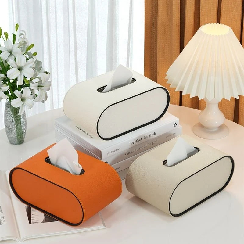 Tissue Box Cover Leather Oval Concealed Storage