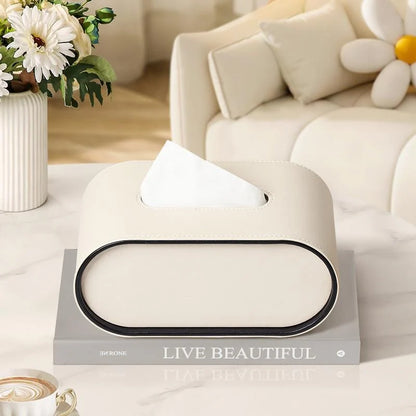 Tissue Box Cover Leather Oval Concealed Storage