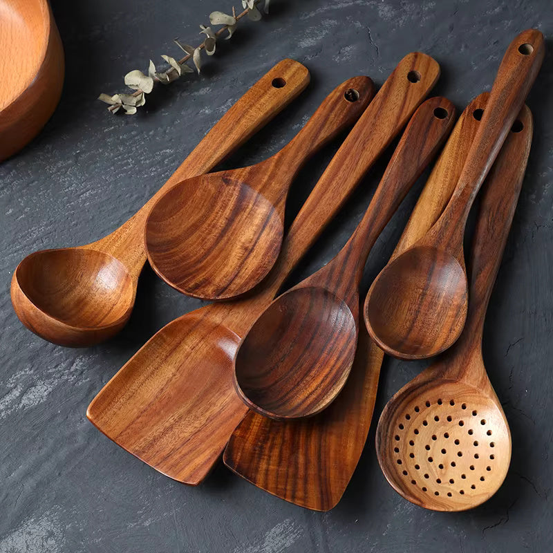 Elegant Teak Wooden Utensils for Non-Stick Cookware
