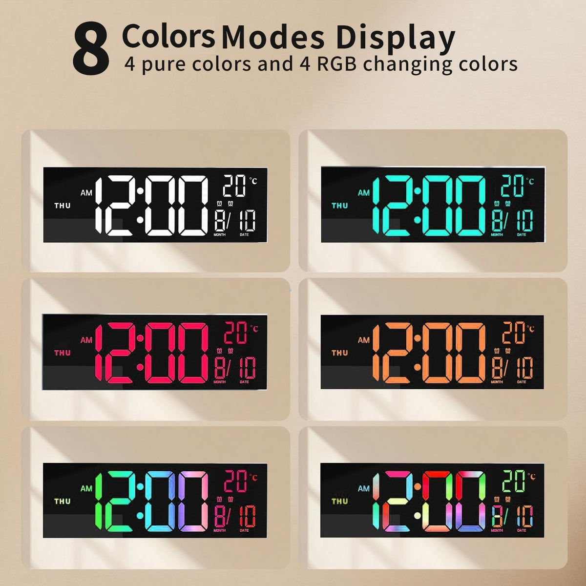Oversized LED Wall Clock with Colorful Display & Nightlight