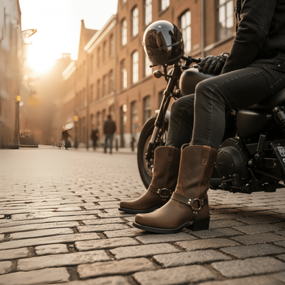 Men's Rugged Leather Harness Boots with Square Toe Design