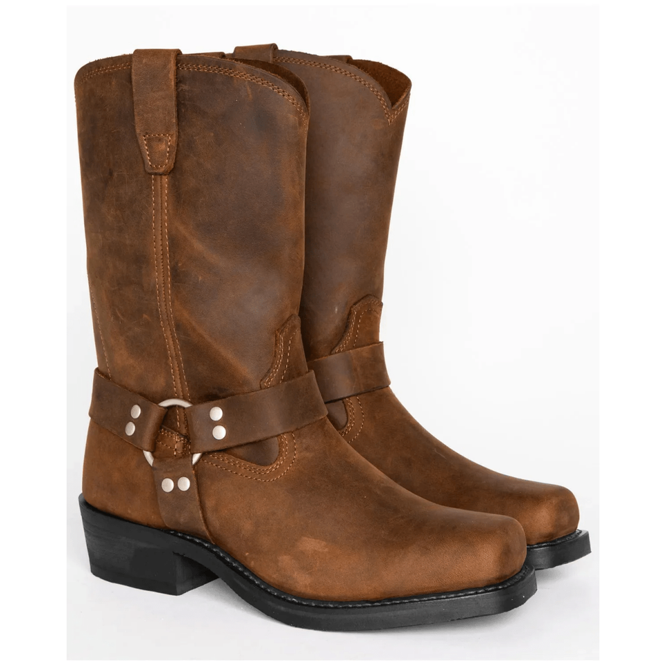 Men's Rugged Leather Harness Boots with Square Toe Design